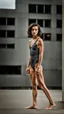 Placeholder: anorexic beautiful woman, age 21, total shot, short anthracite triathlon swimsuit, wavy bob haircut, brunette hair, blurred concrete background