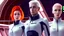 Placeholder: Photorealistic picture of a young man in a flight suit with two tall, slender female androids in biosuits, one with red hair and one with white hair, standing on the bridge of a spaceship.