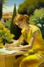 Placeholder: Neoclassicism woman working in the garden painting yellow realistic cote d'azur