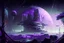 Placeholder: Futuristic Settlement, White Building, Alien Planet, Corrupted Forest, Dense Purple Fog, Dead Soil, Black Night Sky, Stars, Space, Distant Planets