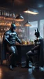 Placeholder: ,surrealism of the dark of a nightmare , hyper photorealistic, hyper detailed bright art color, high resolution, fog, octane render, tilt shift, HDRI Environment, all pictures dark gray, Batman and trump chatting in a bar