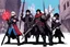 Placeholder: [wii No More Heroes style with thick lines] a group of three mystic adventurer with medieval weapons in the street of a cryptic version of mega city one