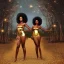 Placeholder: Biologically Female African American Twins, black skin, tall and slender, long afro kinky hair,big brown eyes, long eyelashes warrior wear. Big butts. Gold accents on clothing. Surround by trees. Holding golden spears. Starry night