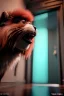 Placeholder: realistic open closet with furry monster inside. Wes Anderson style. Red hair, smile, happy, gradient color fog. highly detailed, concept art, unreal engine 5, ray tracing, RTX, lumen lighting, ultra detail, volumetric lighting, 3d, finely drawn, high definition, high resolution.