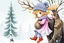 Placeholder: an enchanting 3d illustration Watercolor, Alcohol Ink, Of little girl with short wind blown hair, knit hat with many strands of hair coming through her hat, tiny tinsel and beads through hair, silk lavender and pink dress, striped stockings, boots, stick tree with hanging ornaments from branches, scene is the girl hugging a moose with a red collar around his neck, snowflakes falling from the sky misty evergreen and birch tree background, Wintery Scape