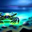 Placeholder: ultra detailed fullbody Drawing of a Cyborg alien metallic Gigantic Blue Crab on the shore ,with glowing Green eyes, extremely detailed digital painting, intrincate, extremely detailed face,crystal clear Big eyes, in the style of Pixar , mystical colors , perfectly centered image, perfect composition, rim light, beautiful lighting, 8k, stunning scene, raytracing