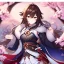 Placeholder: Clear focus,8k,Beatiful Lighting,Beatiful Blur,Beatiful Shading,Brown long hair,fluffy hair, long fluffy bangs, Brown eyes, wearing a top half of a kimono but under is a short skirt, Genshin Impact, cherry blossom falling, detailed clothes, circles near the end of her sleeves, skirt gets darker,bandage near arm