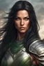 Placeholder: portrait of a athletic woman warrior, long black hair, green eyes, tan skin, fantasy armor, realistic art style