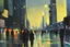 Placeholder: Futuristic City, city lights, people, street, Blade runner influence, lesser ury impressionism painting