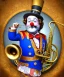 Placeholder: happy old friendly clown with round head and trimmed beard playing jazz with a steampunk theme, trumpet, circus, realistic