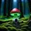 Placeholder: "Close up of a wonderful tiny Mushroom Tower home. green and red with bright white, deep black and contrasting tones of gray. Illuminated bioluminescent forest. Professional painter, master at composition. small but detailed. broken, blurred background, voluminous lighting"