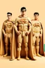 Placeholder: three men in different Balenciaga Superman's emblem clothing, beige tones, fashion plates, deconstructed tailoring, rendered in cinema4d –q 2 –ar 3:5