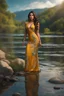 Placeholder: full shot body photo of the most beautiful artwork in the world featuring model, happy mood, High Detail, dramatic, photo realistic, ultra sharp, ultra hd, hyper realistic, ultra realistic, ((((dress)))), trending on artstation, sharp focus, studio photo, intricate details, highly detailed, standing in nice pose in country side with river ,water fall ,rocky valley,mountains at background, pretty clouds