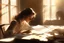 Placeholder: A pretty brown-haired woman sits in front of a table covered with handwritten letters, looking at them perplexedly, in an elegant room in the sunlight.