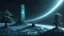 Placeholder: few tiberium monolith deposits on the planet with a space trees on the left and right side, matrix codes and the back ground of the angels with wings siting monolith made of tiberium crystals