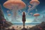 Placeholder: woman in a form-fitting outfit, standing on a beach of an alien world, watching mushrooms with jellyfish tentacles in the sky, photorealistic, Deep Colour, Fantastical, Intricate Detail, sunshine