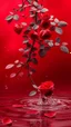 Placeholder: The image is a digital artwork that depicts a red branch of red tree of Red roses and red leaves tangling in to a water in the river with aThe rose floats on the surface of the water, creating a wave-like effect. The background is red , which makes a branch of a tree of red roses stand out even more. Water droplets are scattered adding to the dreamy, ethereal quality of the image.all leaves and background are red