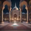 Placeholder: Hyper realistic Outside historical Mosque with detailed glass work on pillars with beautiful carpet & water fountain at night