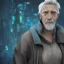 Placeholder: 3D render of a cyberpunk tribal old man, gray hair and goatee, on a dark blue jungle background, digital art