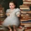 Placeholder: Smart biracial baby girl on pile of books by Monet