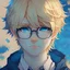 Placeholder: A boy with round glasses and blond hair who is in love and has blue eyes. The character is supposed to be thoughtful. He is supposed to have black clothes. Anime style.