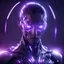 Placeholder: personaje futurista transformandose en humano con luces violetas