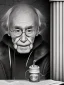 Placeholder: a protrait of harry potter a begger sitting inside a subway station in london. He is 80 years old, caucasion, thin with balding hair. In one hand he is holding a magic stick and the other hand is stretched out to beg. Black and white photograph hyperrealistic photorealistic photography