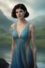 Placeholder: 3D Bubbles, 3D Hearts, fog, clouds, somber, ghostly mountain peaks, a flowing river of electric water, fireflies, a close-up, facial portrait of a totally gorgeous Alexandra Daddario with short, buzz-cut, pixie-cut Black hair tapered on the sides, wide open, cobalt blue eyes, smiling a big bright happy smile, wearing a hoodie over a red bikini, in the art style of Boris Vallejo