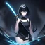 Placeholder: Clear focus,High resolution, black short fluffy hair, long fluffy bangs, and dark blue eyes, Depressed girl, wearing a black short shirt with a black sleeveless crop top, dark aura, controlling water, in a black room, holding a katana