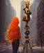 Placeholder: Statue of Queen of photography holding camera in hands. Cute blonde woman. Photographer in golden crown. Standing on the street. Big camera in her hand. hyperdetailed, photorealistic, trending on artstation, greg rutkowski, beksinski, kodachrome, volumetric lighting, gold and orange