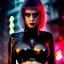 Placeholder: portrait oil on canvas, beautiful punk busty female Cyborg, intense stare, sad glowing eyes, post-apocalyptic in a cyberpunk city,minimal skintight latex dress, bladerunner movie poster, realistic, intriacte detail, sci-fi fantasy style, masterpiece, volumetric lighting, particles, highly detailed ,cinamatic , deep colours,8k, in the style of Kaare Andrews