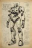 Placeholder: Hand drawn, art by Wayne Reynolds , Daren Bader and Tom Tenery, old paper with detailed schematics of a mecha girl, lying pose, detailed drawings, cross section, concept sheet sketch, 8k