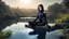 Placeholder: fantasy photo of a woman with black hair, sitting on a ledge over a pond, wearing an android-looking catsuit, sideways, with a planet behind her head