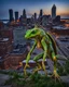 Placeholder: a national geographic style photograph of a 700ft tall eagle mantis lizard hybrid attacking detroit