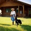 Placeholder: cowgirl in front of cabin with a border collie dog, 8k, high-quality, ultra-fine detail, Brian Froud, Howard Lyon, Alfredo Rodriguez, Jack Sorenson