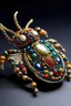 Placeholder: Elegant handmade brooch, richly embroidered with beads, bugles, sequins, crystals and stones, in the shape of a beetle, bold and intricate design, sparkling and eye-catching, perfect to complement an evening outfit, luxurious and detailed.