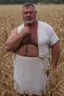 Placeholder: photography of a relaxing tired burly chubby stocky muscular tattooed sicilian farmer 60 years old under the sun sitting down in a wheat field,, ugly, manly chest, sweat, with the shirt open, bulging boxer, frontal view from the ground, 35mm lens , countryside