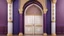 Placeholder: Hyper Realistic Islamic-Architectural-Mosque-Open-White-Door-&-Navy-Wall on Purple-Rustic-Wall with maroon-crafting-on-Golden-pillars