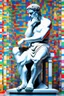 Placeholder: Artistic avant garde style image, upclose striking image about "The Thinker statue", the statue as main focus in a white room with his body covered in movie scene shadows playing on the body about news and movie scenes. Exploding into the air are colourful matrix data and virtual numbers, on the floor are broken pieces of statue, questioning the role of deep thought in an increasingly digital and disconnected world