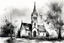 Placeholder: Portrait of an English church in black and white wet watercolour