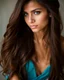 Placeholder: pretty18 year old girl with olive skin and long chocolate brown side swept hair. Blue eyes. bare shoulders,