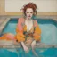 Placeholder: Egon schiele painting of a grunge woman, billie eilish, in the swimming pool, orange, pink, turquoise, yellow colors
