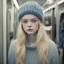 Placeholder: Elle Fanning, sad,in the metro in the style of a polaroid, , blue, Grey, beige,orange, with a knitted hat, eyes closed