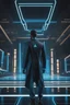 Placeholder: cyberpunk, neon blue, triangle of light floating behind the back, cyber suit, geometric patterns on a suit, male