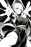 Placeholder: girl stretched out and tied onto a stretcher, greyscale