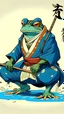 Placeholder: Consider the anime style of frogs from Naruto, specially Gamabunta. I need this frog to wear a bluebelt jiujitsu style. For one of the suggestions, consider the style of Ukiyo-e. These arts need to be an anime like style and not very realistically shiny skin tone. Incorporating elements of traditional Japanese culture and weaponry.