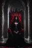 Placeholder: Realistic Photography Horror Art of The majestic Dark Beautiful Devil Queen,red eyes bright,dressing black gown sits on his throne, in darkness palace background