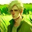 Placeholder: skinny gentle male, soft facial features, blonde hair, green clothing decorative wheats, on a field, drawn