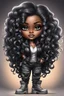 Placeholder: create an airbrush illustration of a chibi cartoon voluptuous black female wearing a black and silver outfit with timberland boots. Prominent make up with hazel eyes. Extremely highly detailed of a long wavy ombre hair. Background of a bike show