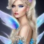 Placeholder: Fantasy fairy with transparent wings, smiling, make up, long platinum blond hair with crown and flowers, blue dress, flower background